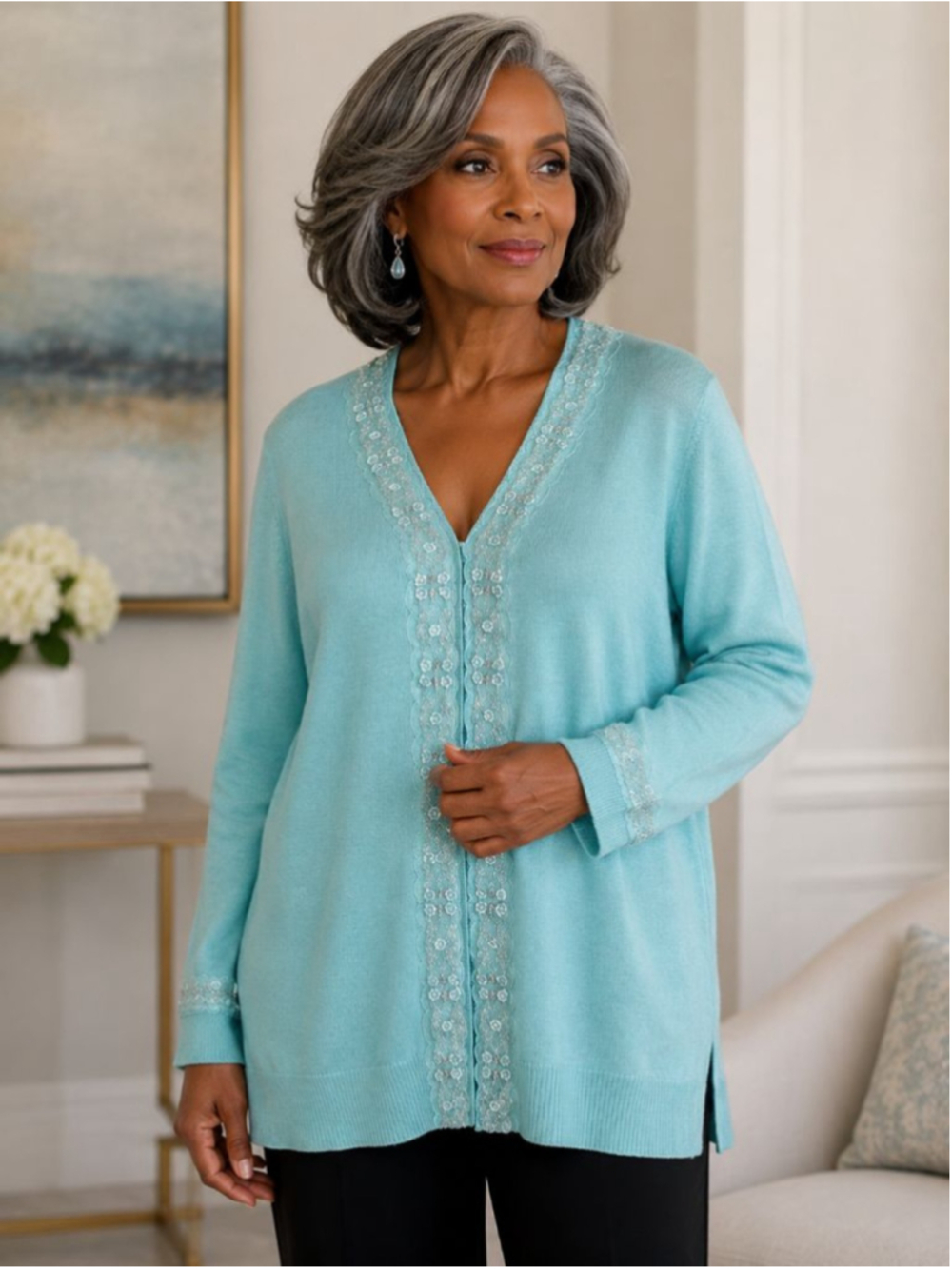 VALERIE STEVENS Aqua Cardigan with Silver Embellishments Women’s size 1X